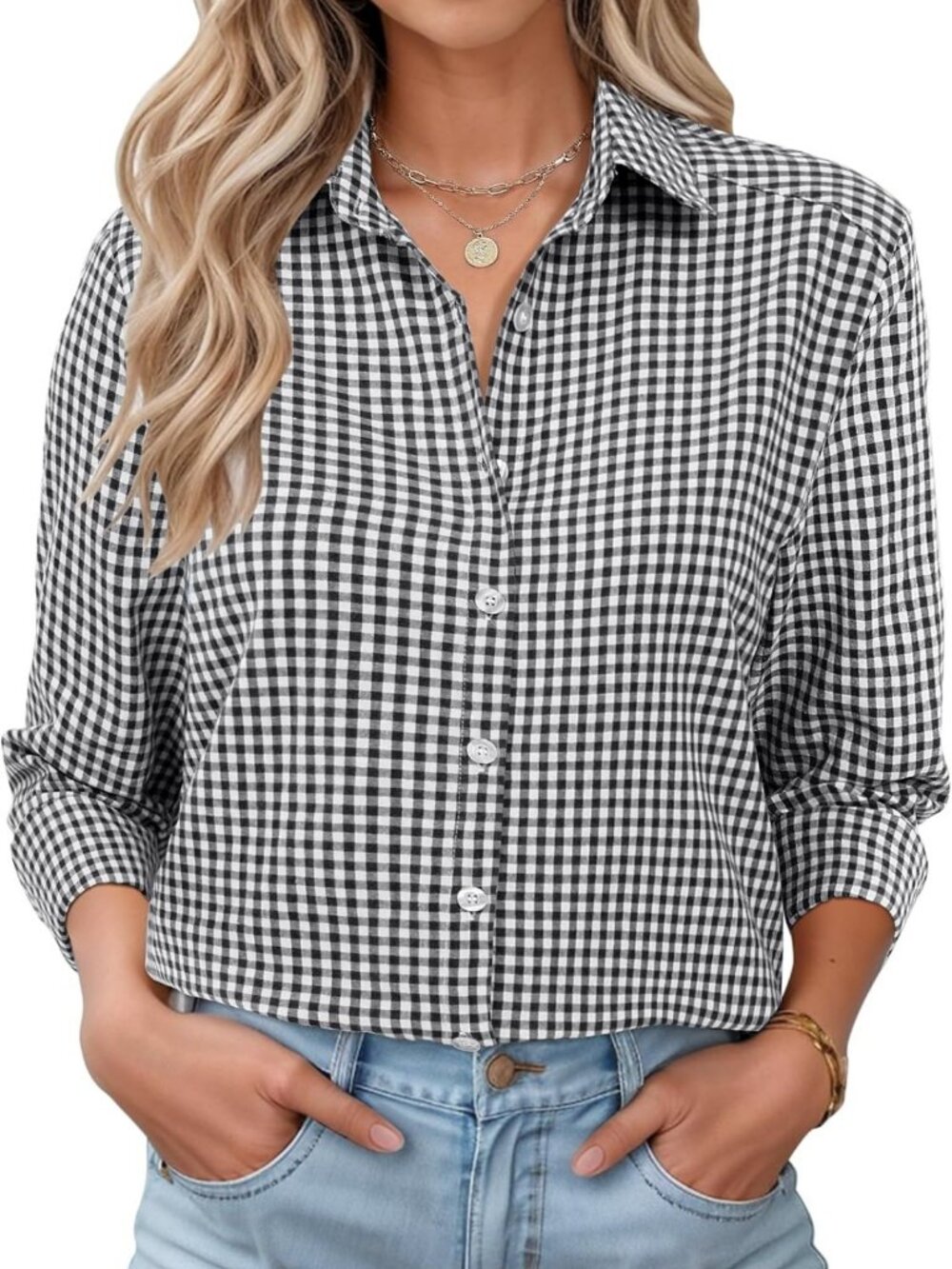 Casual Loose Fit Long Sleeve Button Down Cotton Blouse for Women